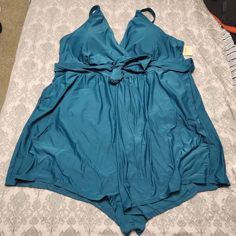 BloomChic Plain Bowknot Pocket Gathered One Piece Swimsuit Cyan US 26